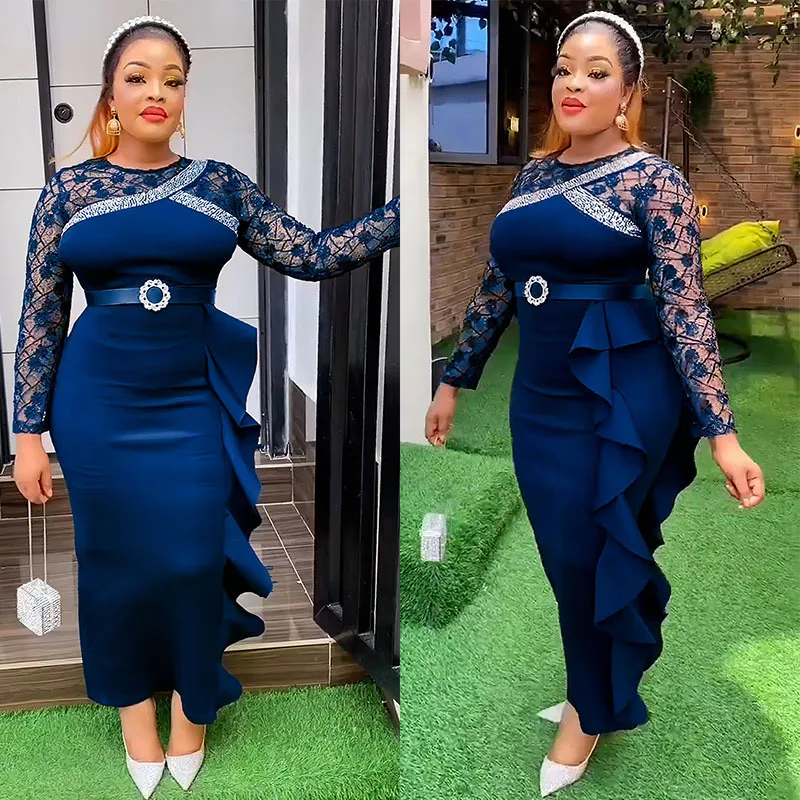 

2023 African Party Dresses for Women Summer Elegant African O-neck Polyester Long Mesh Sleve Bodycon Dresses African Clothes