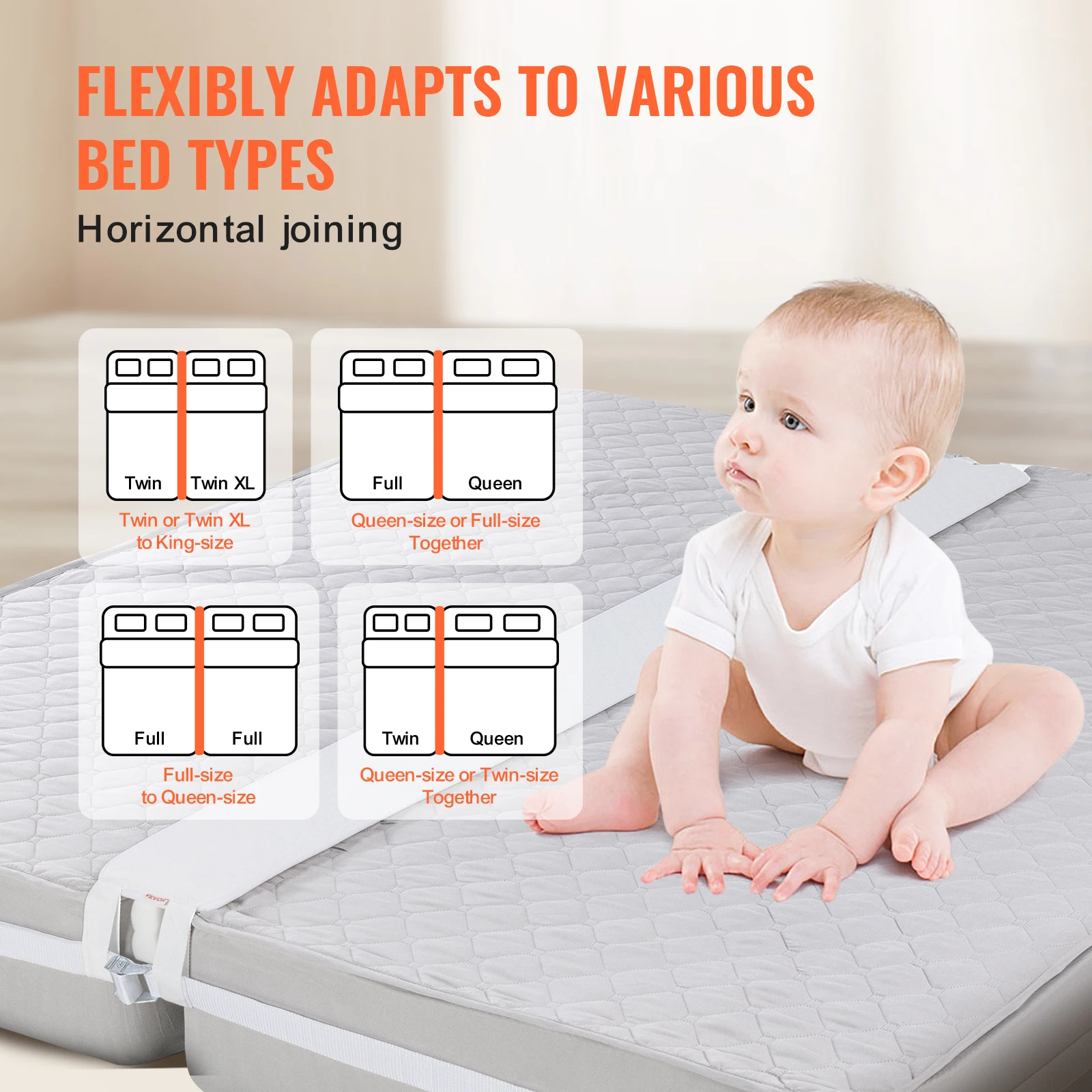 VEVOR Bed Bridge Mattress Connector for Adjustable Bed Mattress Gap Filler with Heavy Duty Metal Buckle Strap 25D Memory Foam 5