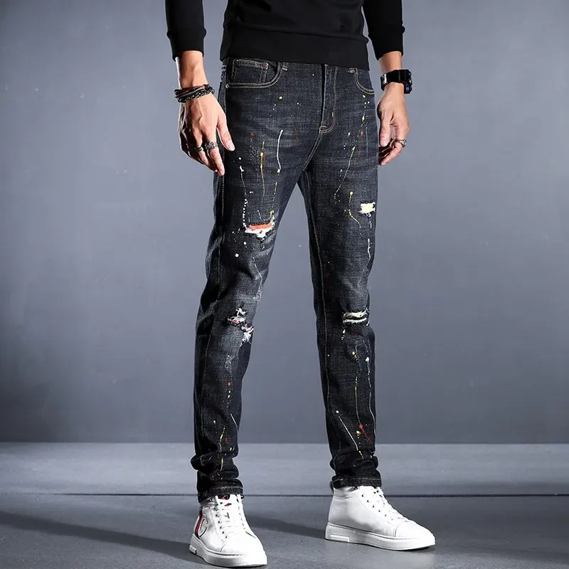 

EH·MD® Black Ripped Jeans Men's Patchwork Zipper Pendant Splashed Ink Soft Zipper Belt Slim Cotton Stretch Pants Scratched 2022