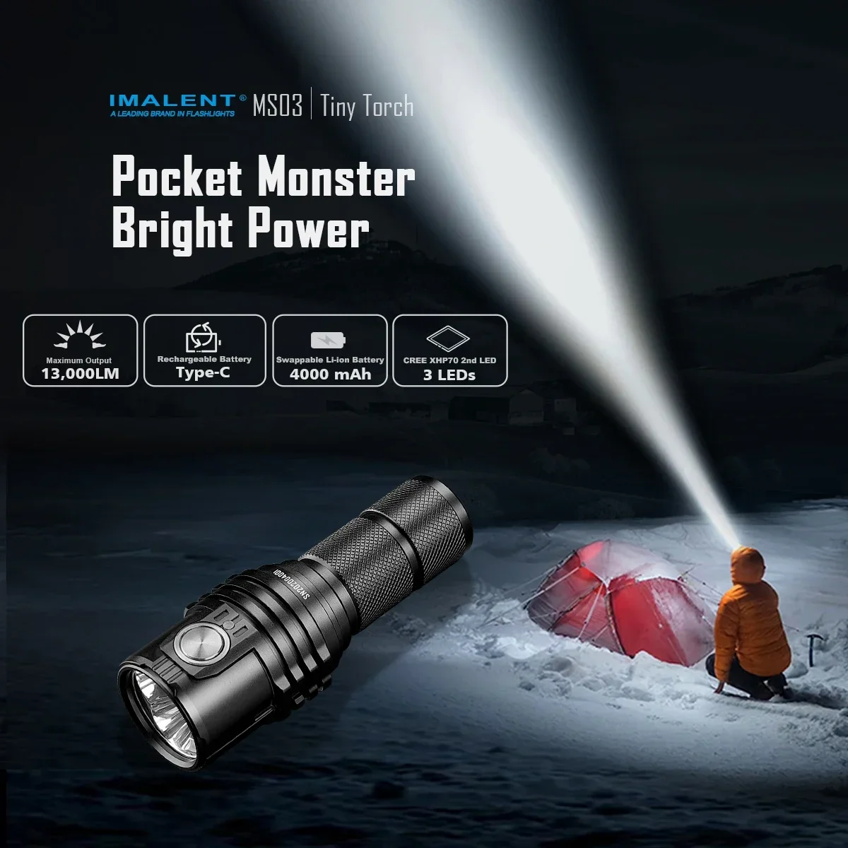 IMALENT MS03 EDC Flashlight 13000 Lumens Rechargeable Handheld Torch for Adventure Mountain Climbing Outdoor Exploration