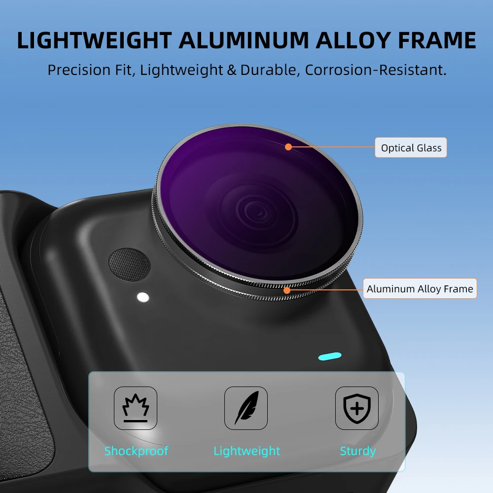 Filtre UV installé sur une Insta360, protégeant l'objectif tout en améliorant la clarté.