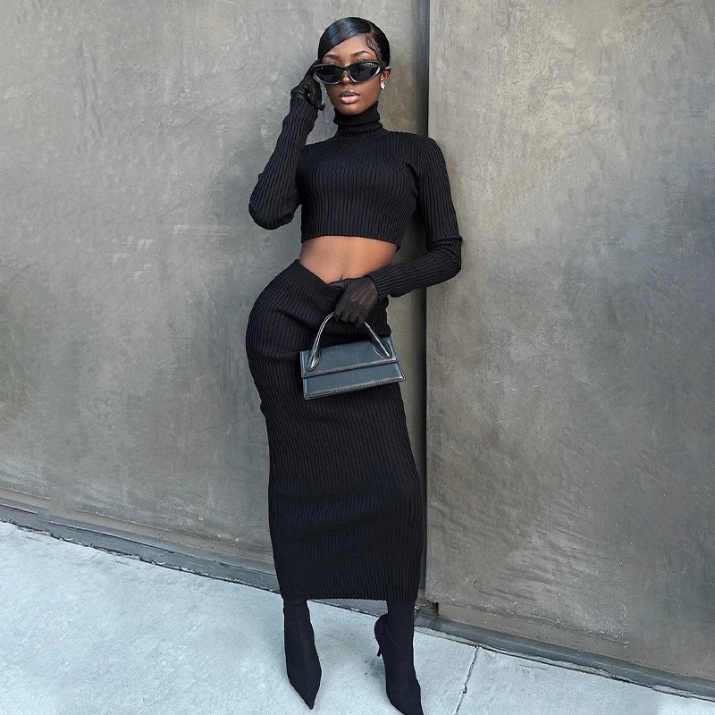 

Qxkj Womens Dress Sets Wholesale Elegant Two Pieces Suits Female Ribbed Knitted Long Sleeve Crop Tops&Slim Skirts Gothic Y2K 479