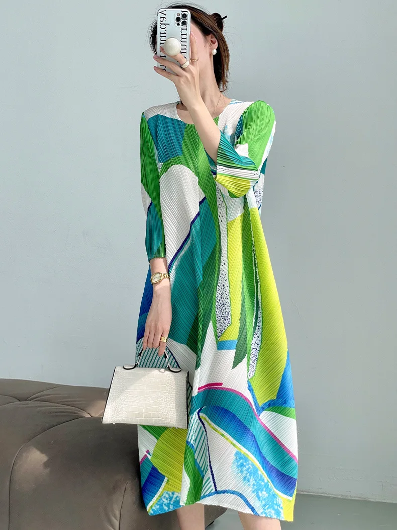 

pleated 2023 summer new fashion geometric print loose dress
