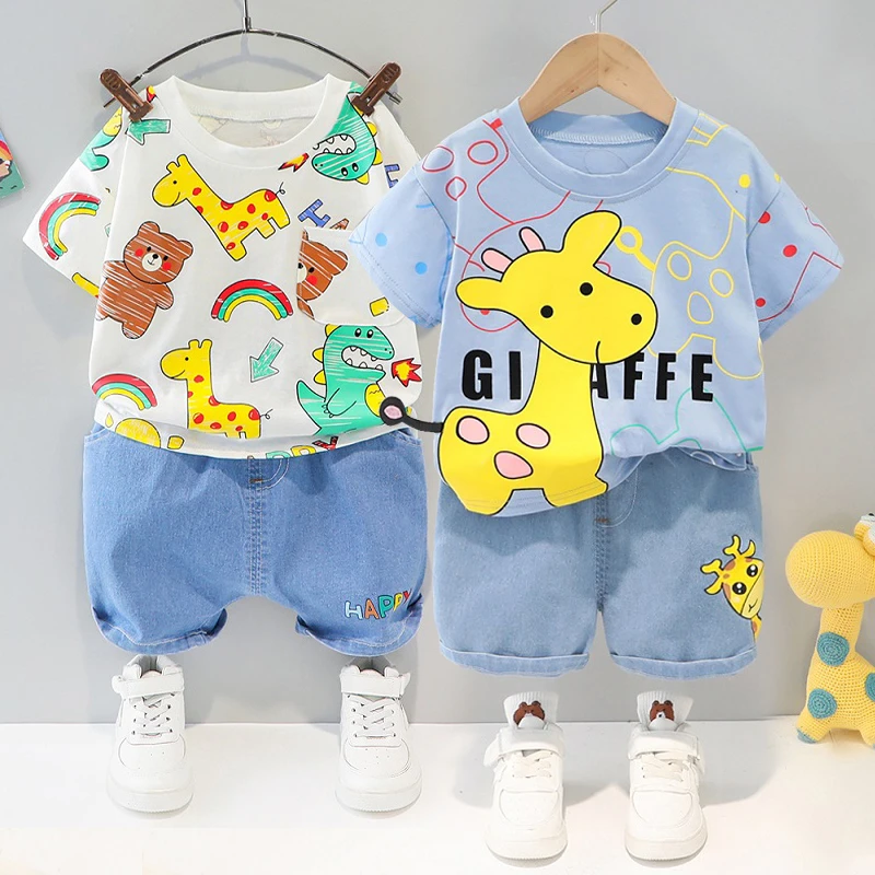 baby clothing set essentials Children's summer suit new children's short sleeved top + denim shorts two-piece boys and girls giraffe printed T-shirt baby girl cotton clothing set