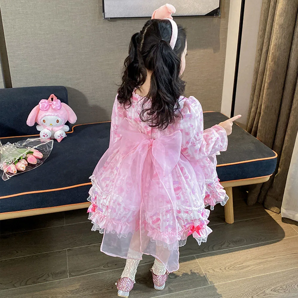 Melody Sanrios Girl Cartoon Lolita Dress 2024 Spring Autumn Birthday Party Role Cosplay Tutu Dress Kids Ceremonial Dress Gift