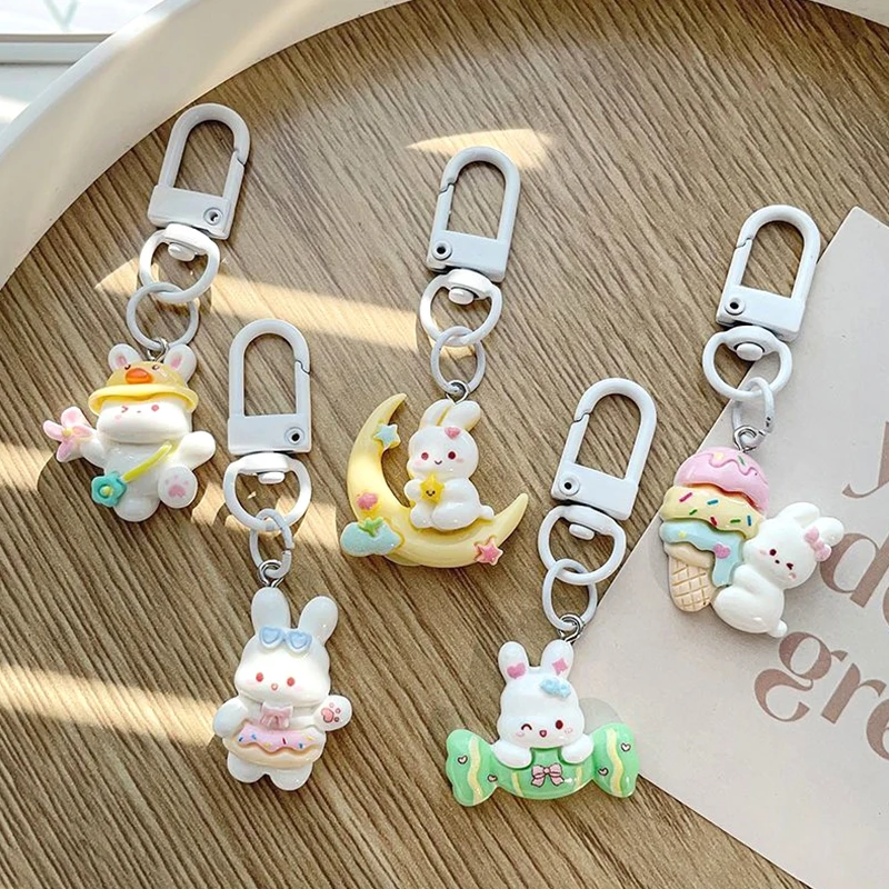 

Moon Rabbit Key Chain Cartoon Candy Cone Bunny Pendant Car Key Ring Backpack Charms Bag Decor Accessories