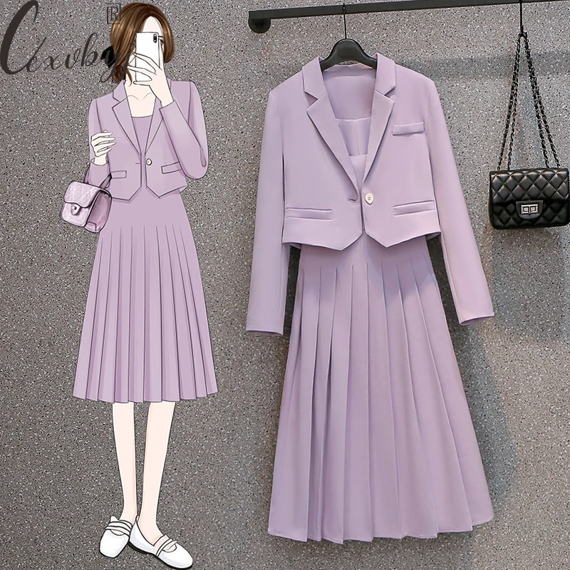 

Spring Autumn Purple Pleated Dress Suits Women Korean Fashion Cropped Blazer Jacket+Sleeveless Tank Midi Dress Two Peice Set