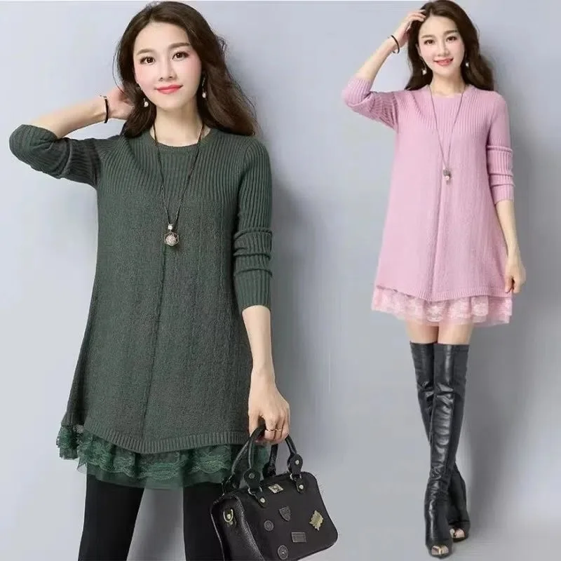 

Fall/Winter 2023 Women's Lace Stitching Sweater Dress Solid Color Loose Long-Sleeved Tops Pullovers Long Female Knit Sweaters