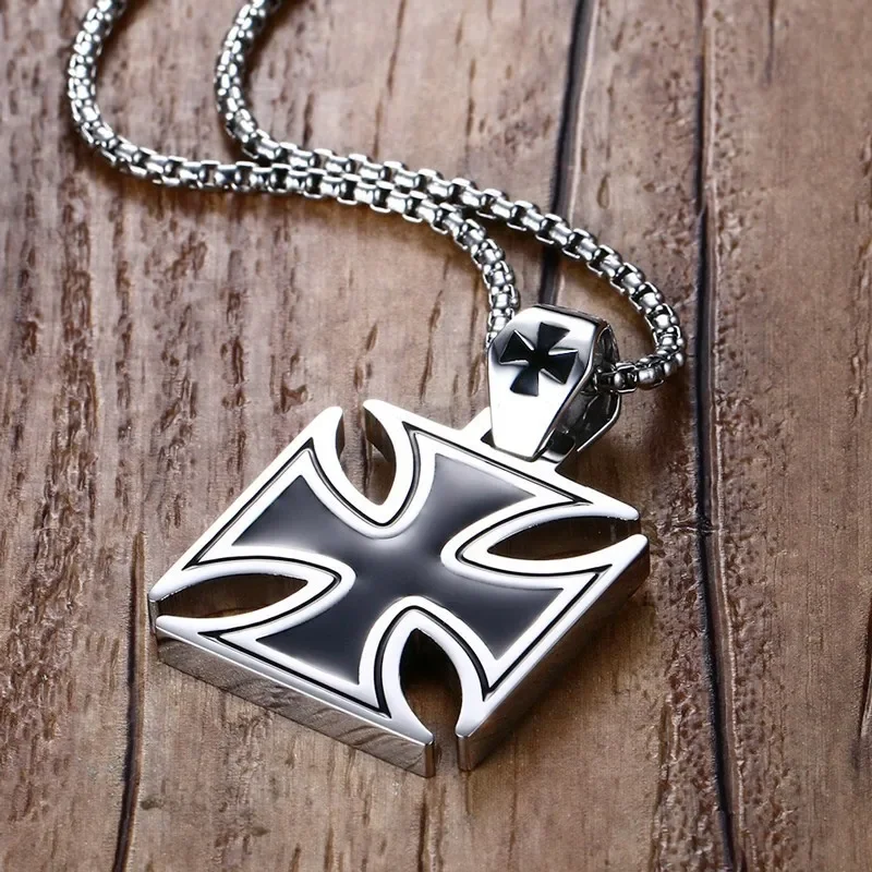 Fashion Cross Men's Necklace Vintage Knights Templar Iron Pendant  Biker Maltese Male Jewelry 24Inch Chain Link 3