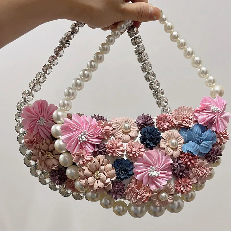New luxury fashion girl bag French fairy dinner bags Pearl studded flowers Women's bag underarm handbag
