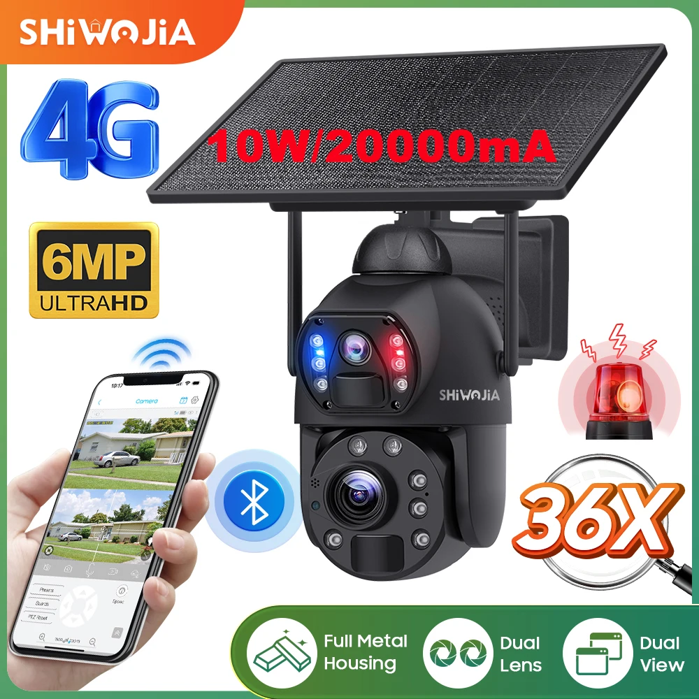 Shiwojia 3K 6Mp 36X Zoom 4G Fotocamera Solare Dual Lens Dual Screen Rilevamento Umano Auto Tracking Outdoor 10W Pannello Solare Wifi Cctv