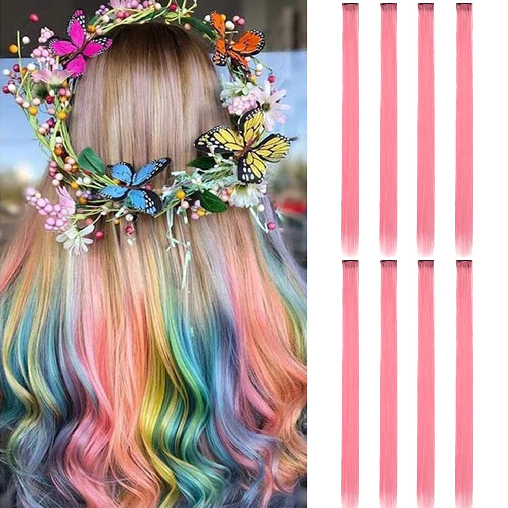Colored Hair Extensions 8 Pcs/Pack Rainbow Hairpieces 22 inch Multi-colors Party Highlights Clip in Synthetic Hair Extensions