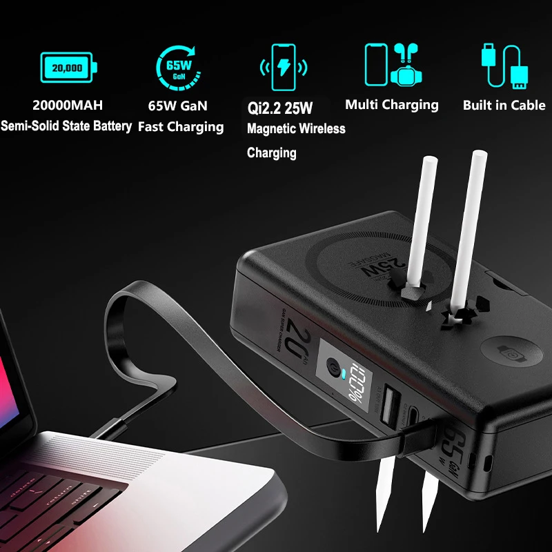 고체 배터리 65W GaN USB C 충전기 파워 뱅크 20000mAh Qi2.2 25W 마그네틱 무선 고속 충전기 아이폰 아이워치 에어팟용