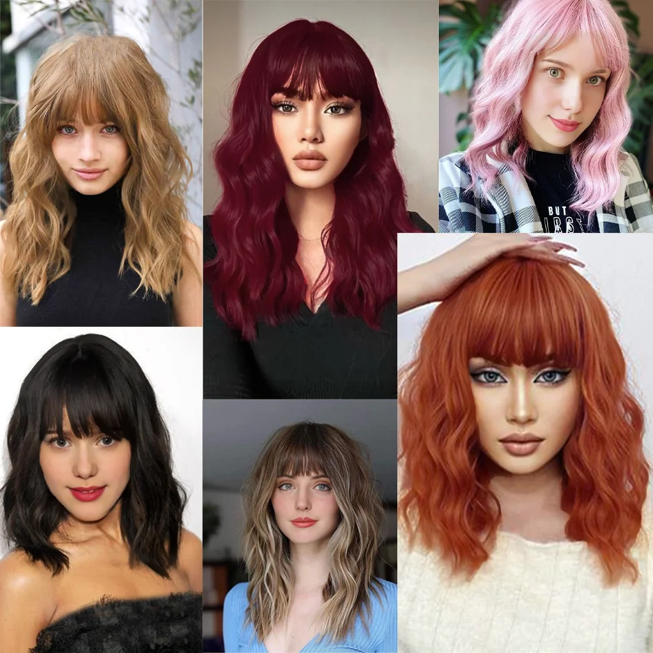 Synthetic 14 inch water wave short hair wig, orange wig, pink wig, cosplay music festival Halloween Christmas hair accessories