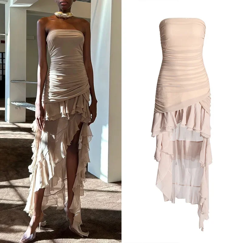 Sexy socialite style party dress 2024 summer new strapless waist cinched ruffled open back irregular dress sexy Dress for women