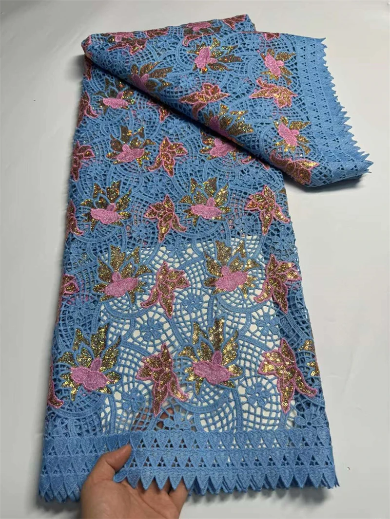 

African Lace Fabric with Sequins, Nigerian Lace, Cord Lace, French for Wedding Party Dresses, High Quality, 5 Yards, 2024