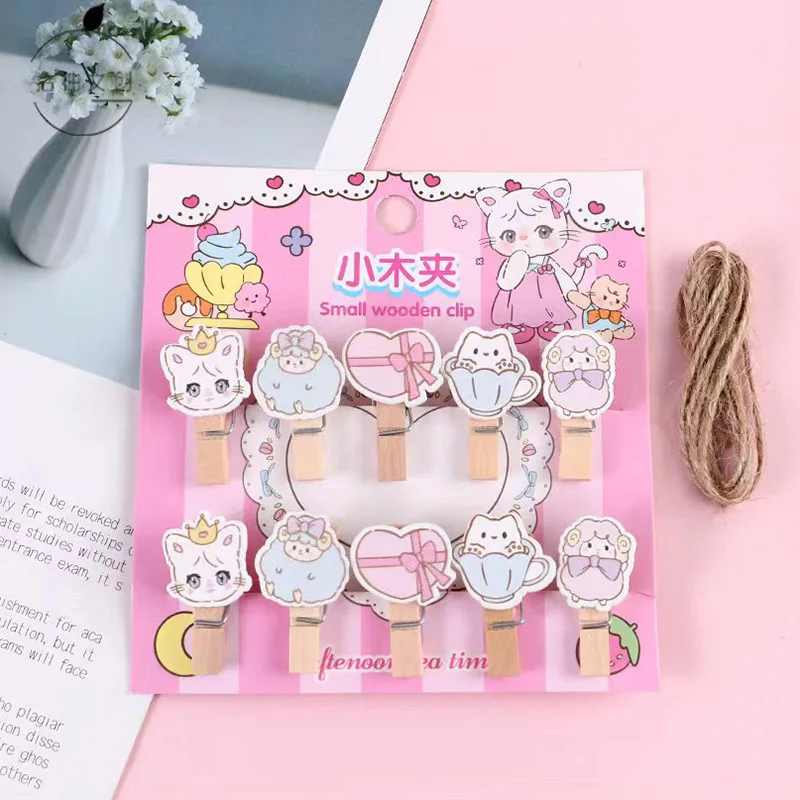 10pcs Color Small Wood Clip Cute Photo Clip Cartoon Decoration Clip Message Business Card Shape Log Clip  Desk Organizers