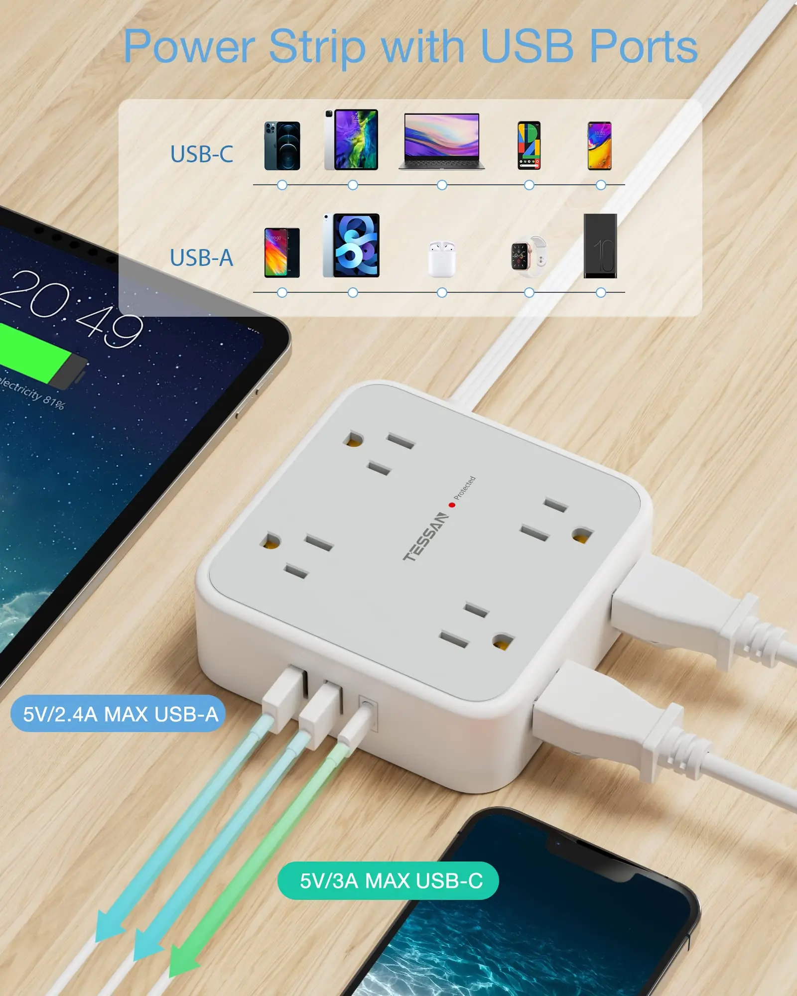TESSAN ʹ ÷ Ƽ ÷, 8 ܼƮ  3 USB, Ƽ ܼƮ  ȣ, 5FT/10FT ͽټ ̺