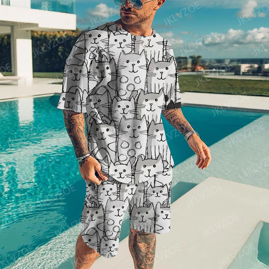 Summer Man Sets Black Cat 3D Tracksuit Oversized Tshirts Man Casual Short Sleeve T Shirt+Shorts Printed SportsWear 2 Piece Set luxury tracksuit sets men s summer short sleeve jogger suit for man tshirt shorts 2 piece outfit casual men oversized clothing