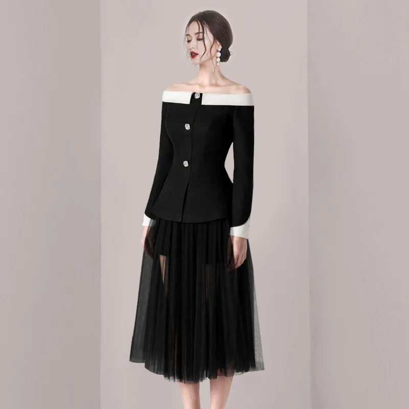 

2023 Early Autumn Women's New Sense Of Design Temperament One Shoulder Contrast Gauze Skirt Two-piece Suit Female