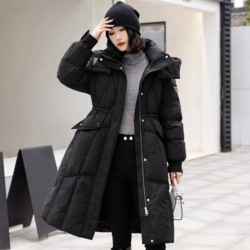 

2023 New Waisted Hooded Thickened Women's Jacket Down Jacket 90 White Duck Down Winter Long Korean Women's Clothes Parkas