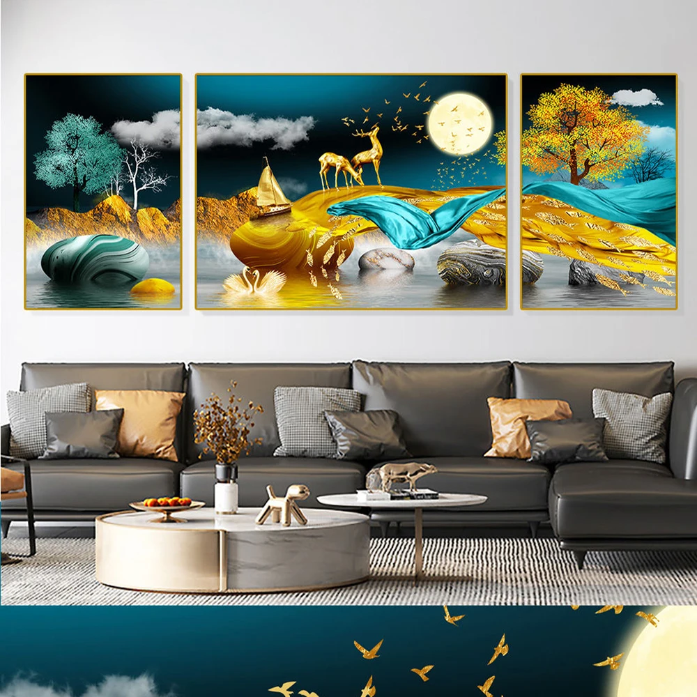 3pcs Sin Marco Abstracto Chino Feng Shui Árbol Rico En Oro Pintura De  Lienzo De Arte De Pared, Arte Para La Sala De Estar Cuadros Decorativos,  Sin Mar