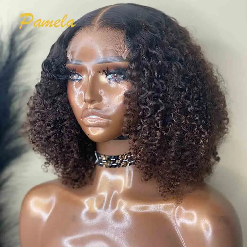 Honey Blonde Short Bob Glueless Wig Human Hair Ready To Go Highlight Ombre 1B/4 Color Curly Bob 13x4 Transparent Lace Front Wig