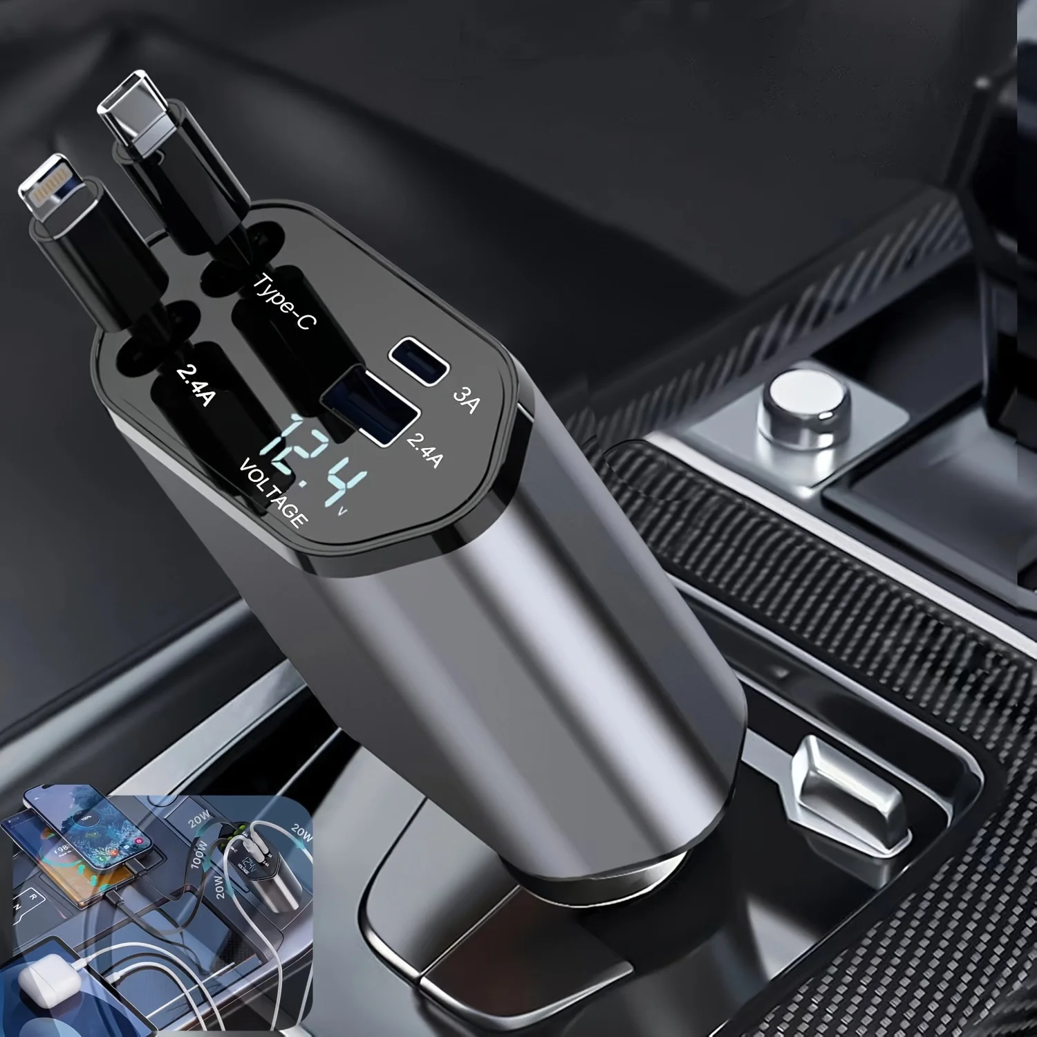 Car Charger USB Type C 120W Retractable