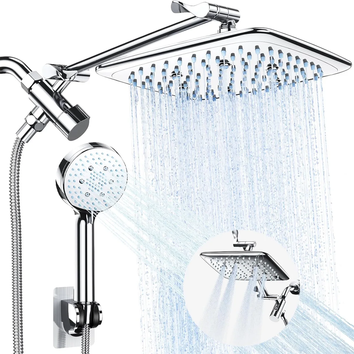 ฝักบัวเหนือศีรษะสแตนเลสขนาด 8/10 นิ้ว 5 โหมด พร้อมแขนยืดและชุดฝักบัวมืออเนกประสงค์แบบติดผนัง 1