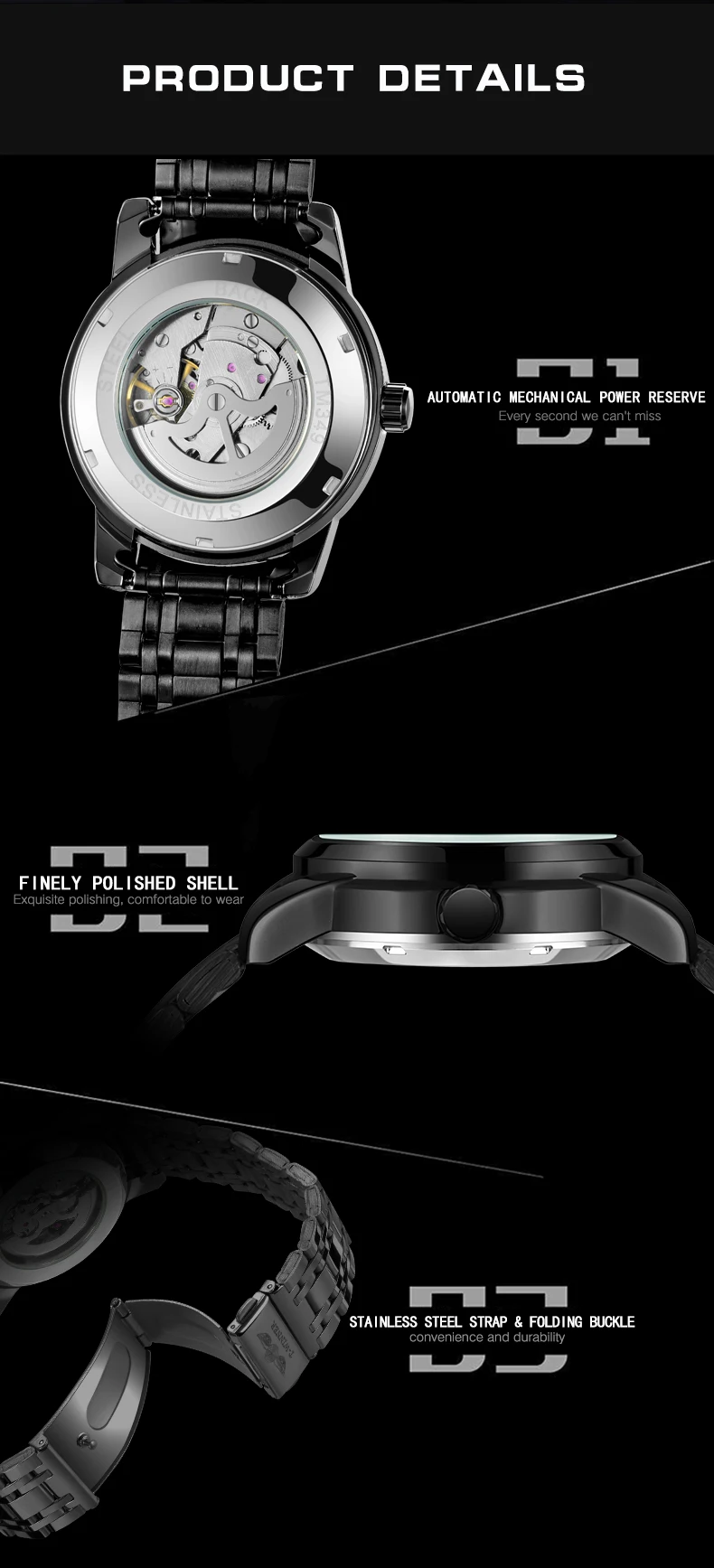Winner Roman scale Skeleton Mechanical Wristwatch Retro Luminous Hands Luxury Brand Cool Black Watches Stainless Steel Waterproo