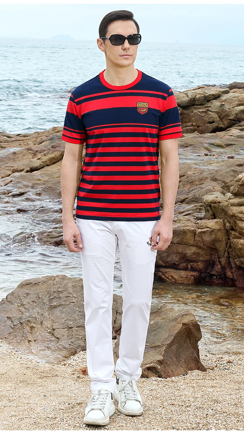 New Straight Men's Short T-shirt Round Neck Bruce&Shark Fashion Men's Stripe Tee Stretch Cotton Summer Breathable Tops Big Size 28 S7ea432e1041d49c4973a93790e929c48A