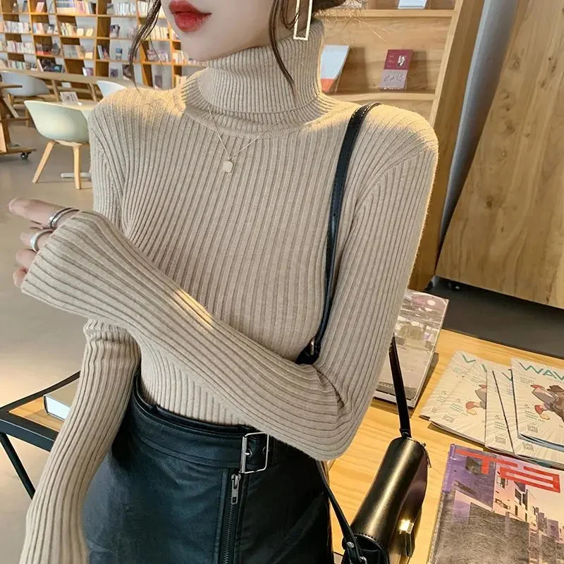 

Autumn Turtle Neck Knit Sweaters Korean Slim Warm Solid Simple Basis Pullovers Harajuku Long Sleeve All-Match Base Jumper New