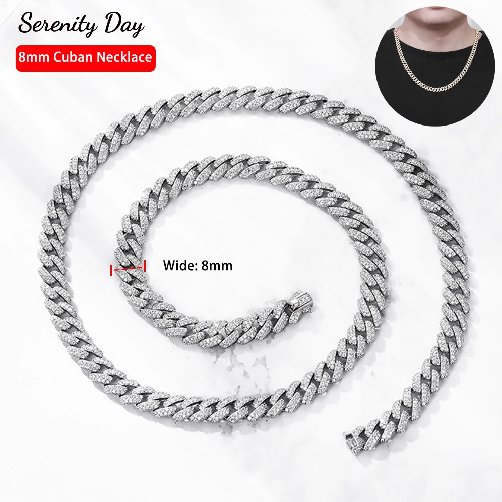 

Serenity High Carbon Diamond Cuban Necklace For Men Hip Hop S925 Silver 2 Row 8mm Cuban Chain Rhinestone Miami Necklace Jewelry