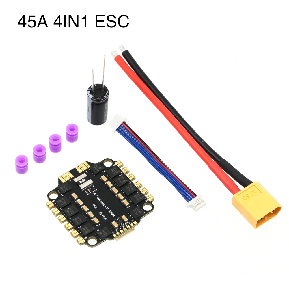 Connecteurs et câbles du BLHELI_S 45A/60A 4IN1 ESC sans balais pour Drone FPV, prêts à être installés.