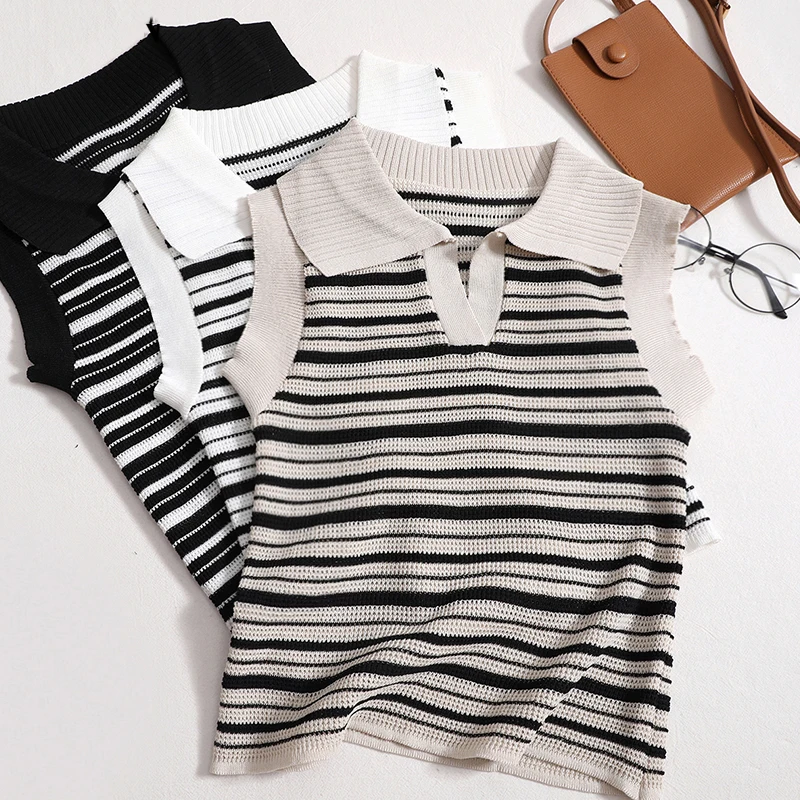 

HELIAR Women Cotton Stripes T-Shirts POLO Collar Knitted Casual Tops For Women Summer Sleeveless Cute T-Shirts All-Match 2023
