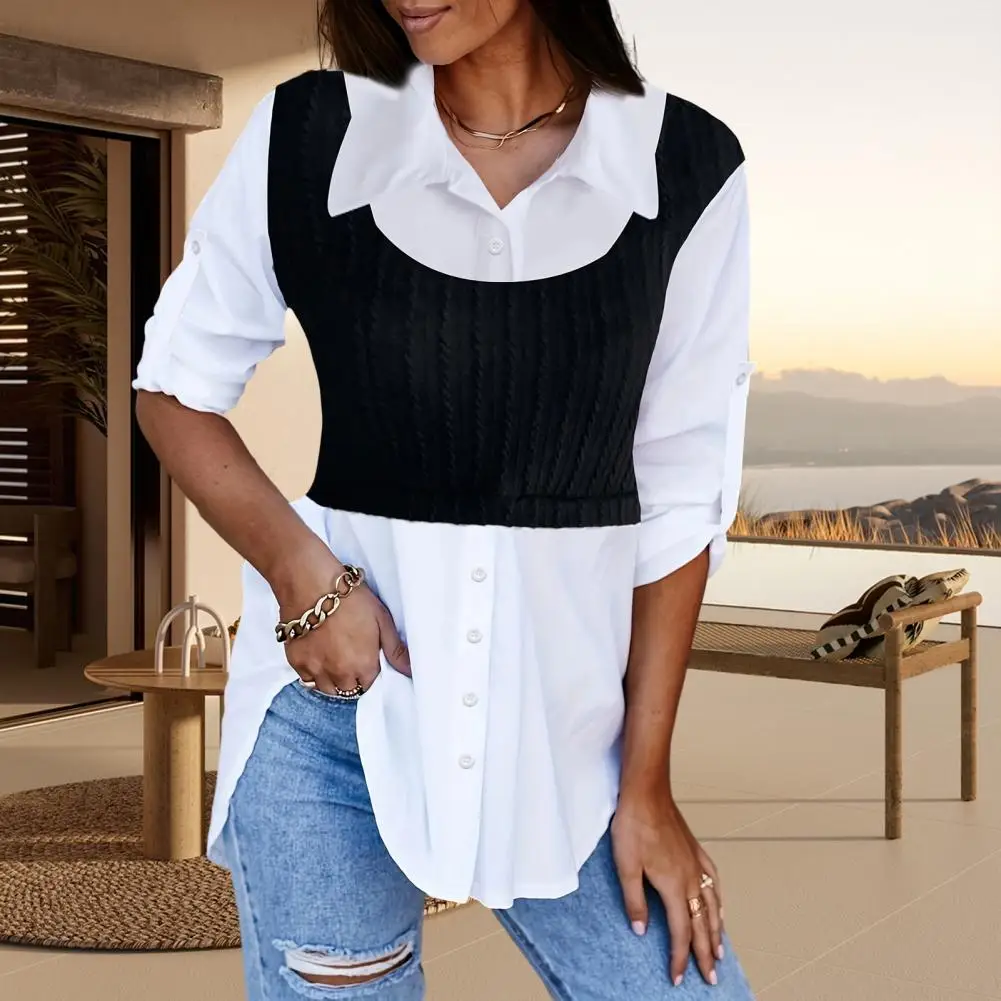 

Soft Top Chic Lapel Long Sleeve Women's Shirt Stylish Two-piece Patchwork Color Matching Cufflink Accents for Fall Spring