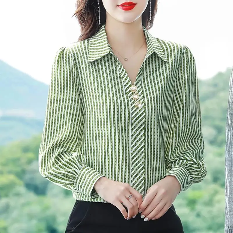 Women's Spring Autumn New Fashion Elegant Polo Collar Long Sleeved Striped Loose Shirt Casual Versatile Western Commuter Tops