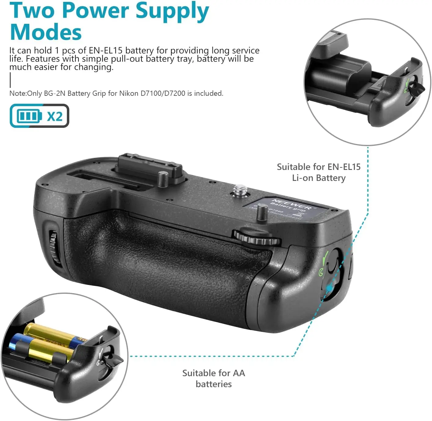 Neewer&reg; Vertical Battery Grip for MB-D15 Works with EN-EL15 Battery or 6 Pieces AA Batteries for Nikon D7100 D7200 DSLR Camera