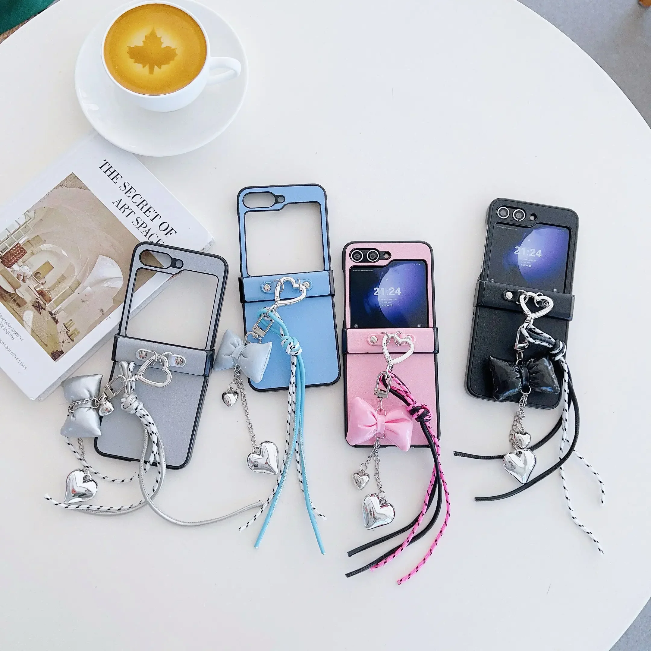 Heart Wrist Strap PU Leather Bowknot Phone Case with Hinge Protection and Shockproof Cover