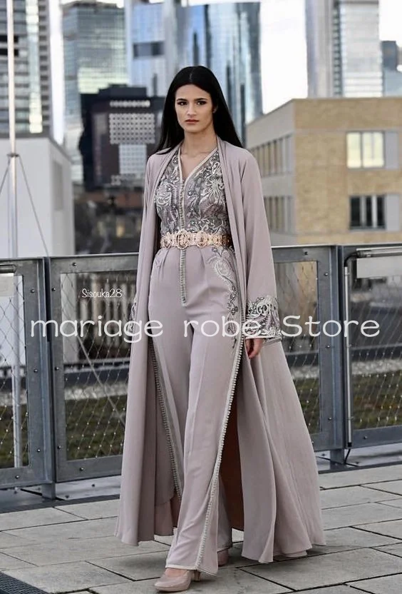 Grey Chiffon Moroccan Caftan Jumpsuit Prom Dresses with Cape Wrap customsized Embroidery Beaded Romeo Evening Gown Pant Suit