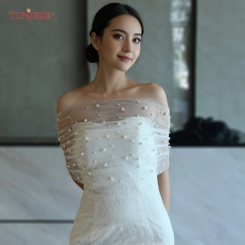 

TOPQUEEN Women's Chest-wrapped Shawl Pearl Tulle Bolero Bridal Wedding Dress Cape Evening Dress Jacket Shoulder Cover VG73A
