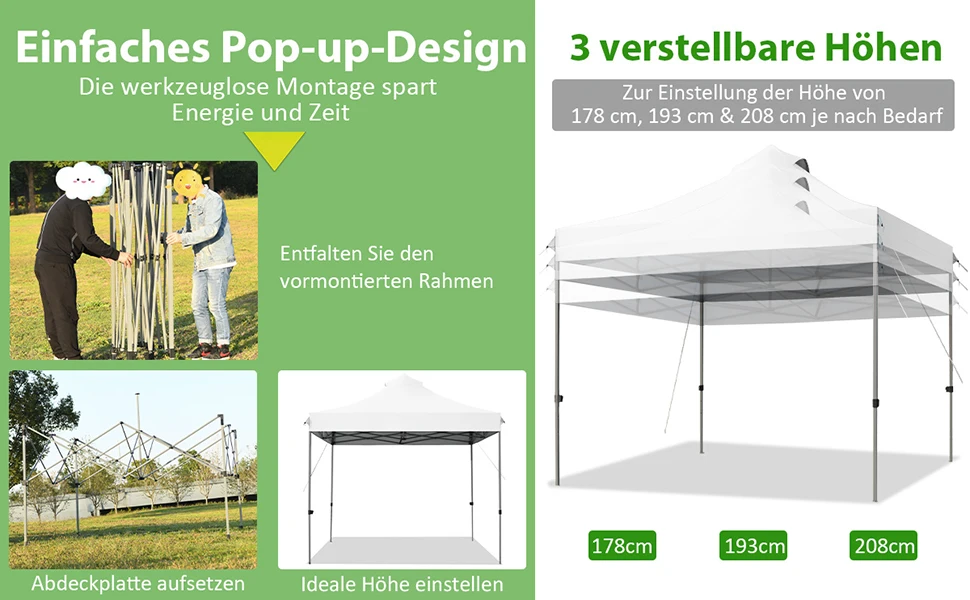 3x3m pavilion, folding Pavilion, waterproof, stable, winter resistant, UV protection 50 +, height adjustable garden pavilion, party tent
