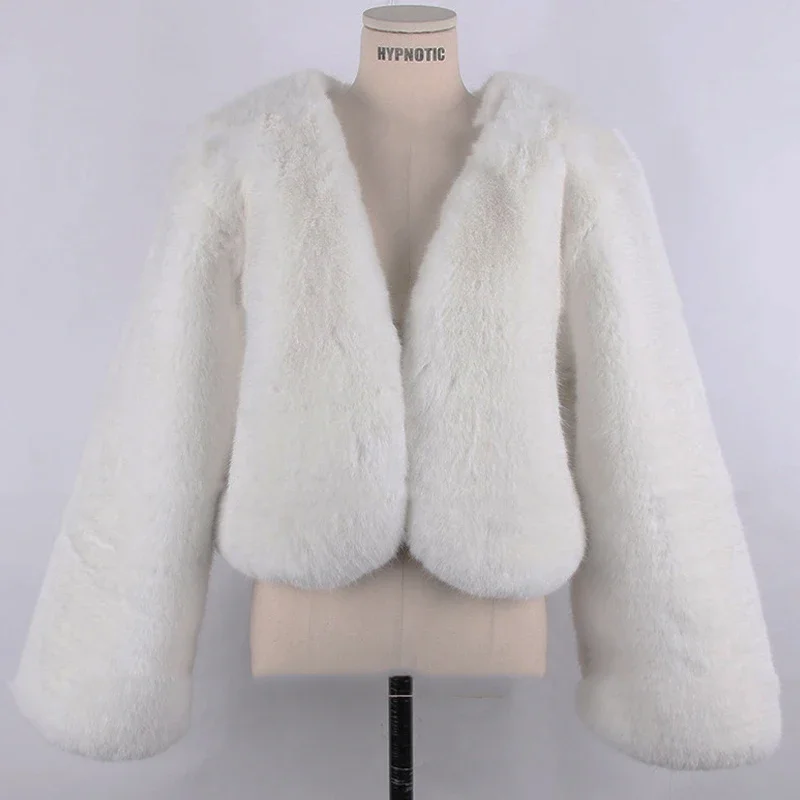 FANIECES 7 Colors Solid Faux Rabbit Fur Coat Women V Neck Warm Plush Fur Jacket Winter Korean Casual Overcoat manteau femme hive