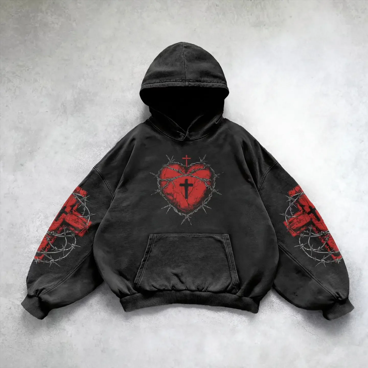 thumbnail image 1 of Sudadera con capucha de gran tamaño con estampado de corazón rojo retro de High Street para hombres y mujeres, camiseta gótica Y2K Harajuku Hip-hop 2024, 1 of 4