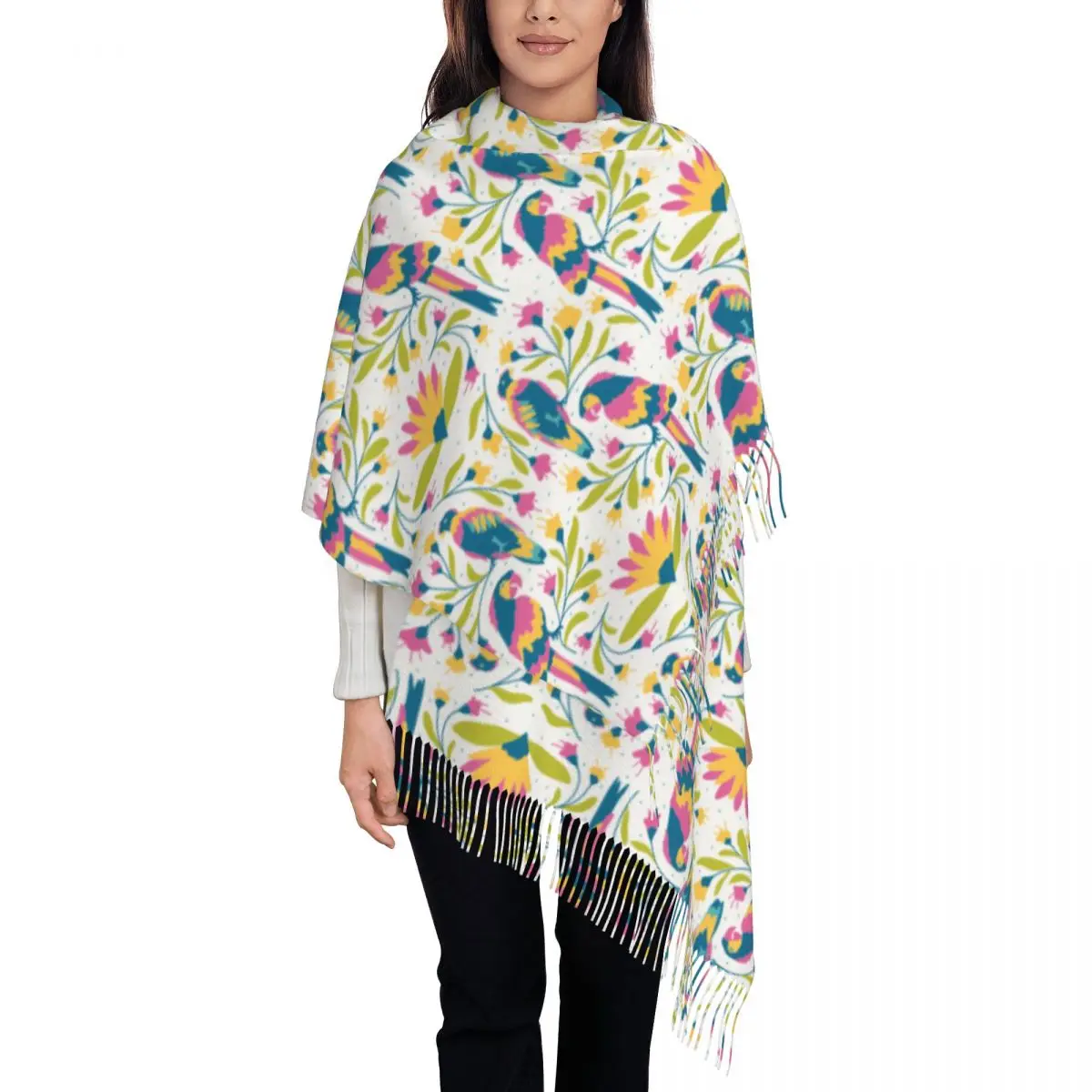 

Luxury Mexican Flowers Birds Otomi Embroidery Pattern Tassel Scarf Women Winter Fall Warm Shawl Wrap Ladies Scarves