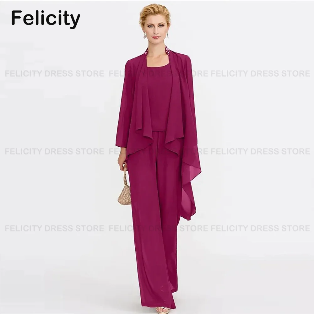 

Elegant Mother of Bride Dresses Jumpsuit/Pants Suit Chiffon O-neck Formal Wedding Party Evening Dress With Beading for Women