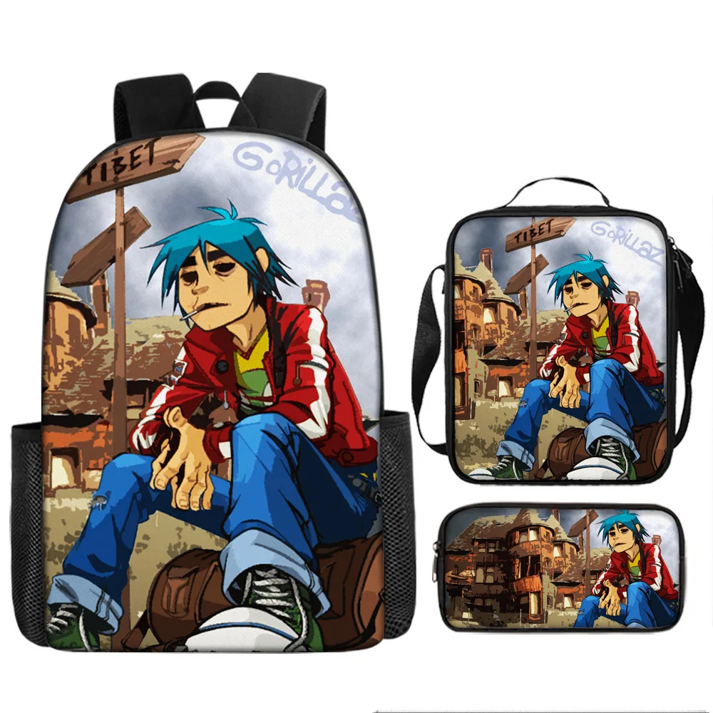 Hot selling British virtual band Gorillaz student backpack cartoon children's backpack shoulder bag pencil case three piece set 1