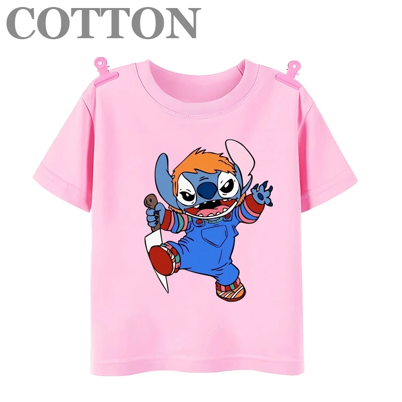 thumbnail image 1 of 2024 Disney Anime Stitch Moda Verano Niños Múltiples Dibujos Animados Algodón Camisetas Cuello Redondo Casual Manga Corta Estampado Patrón, 1 of 5