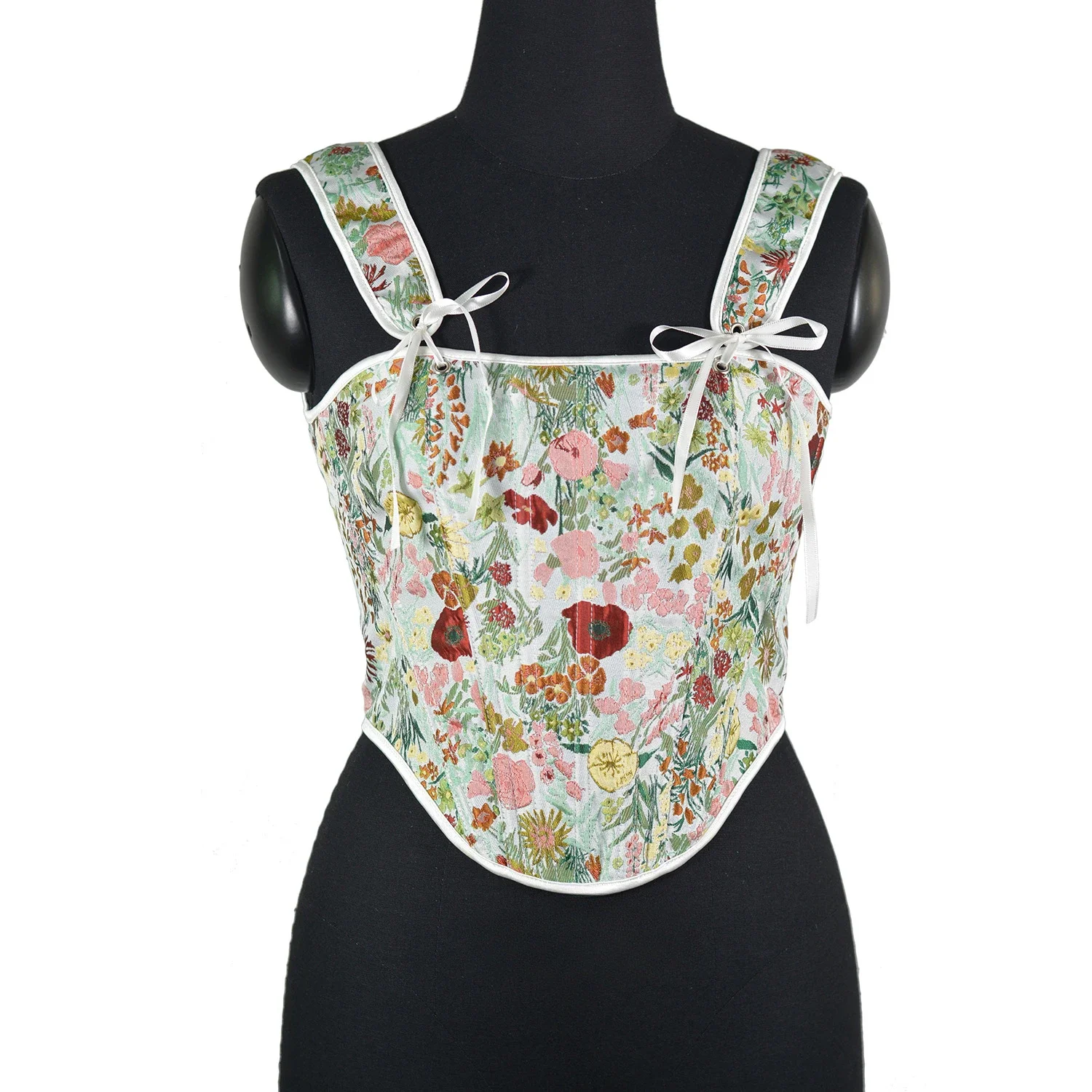 

Green Fragmented Flower Printing Vintage Chest Support Strap Design Women's Tank Top Fish Bone Tight Chest Corset Mujer