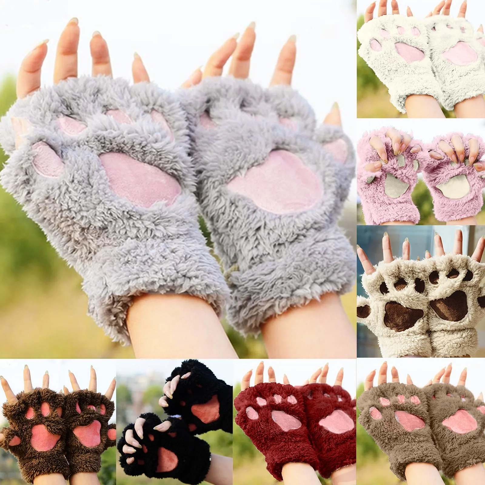 Women Cute Plush Cat Claw Paw Gloves For Girl Novelty Hand Warmer Flip Half Finger Gloves Winter Warm Fingerless Bear Cat Gloves